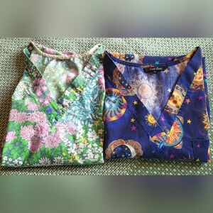 Lot of 2 Scrub V-Neck Tops Mixed Brands XL , 2XL Colorful Just Love Uniforms